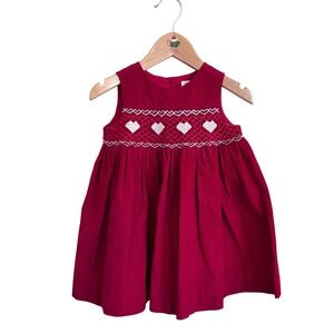 Rachel Riley Girls Heart Smocked Pinafore Dress 12M Red Hand Embroidered Holiday